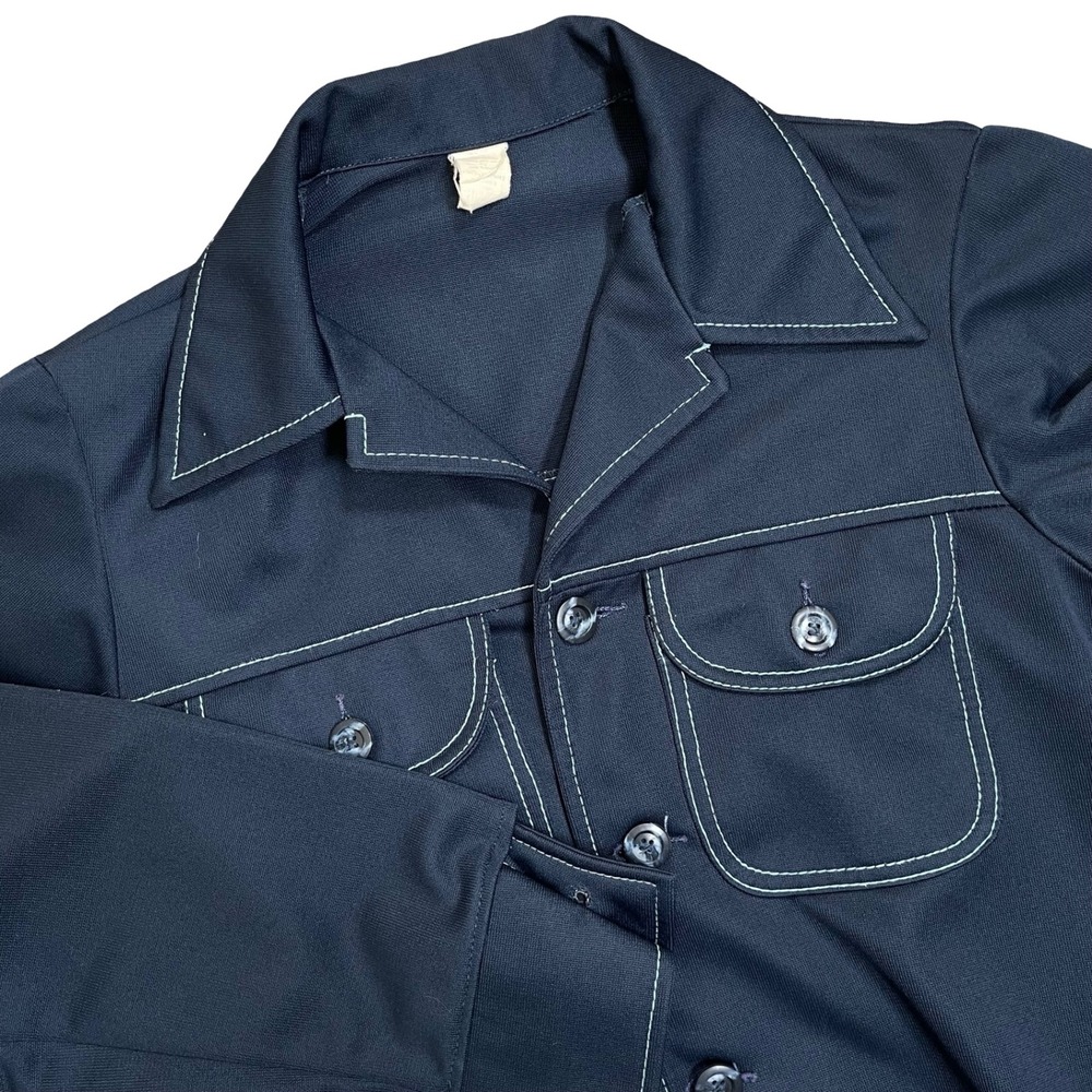 Vintage Leisure‎ Jacket Shirt Men M Blue Contrast Stitch 70s Disco Dagger Collar